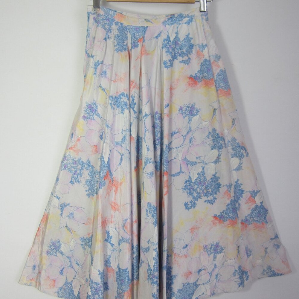 Cacharel Women XS Watercolor Floral 100% Silk Midi Blue Purple Orange France 26"